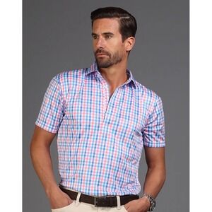 Collars and Co Dress Collar Polo Short Sleeve Large Nantucket Blue Pink Gingham